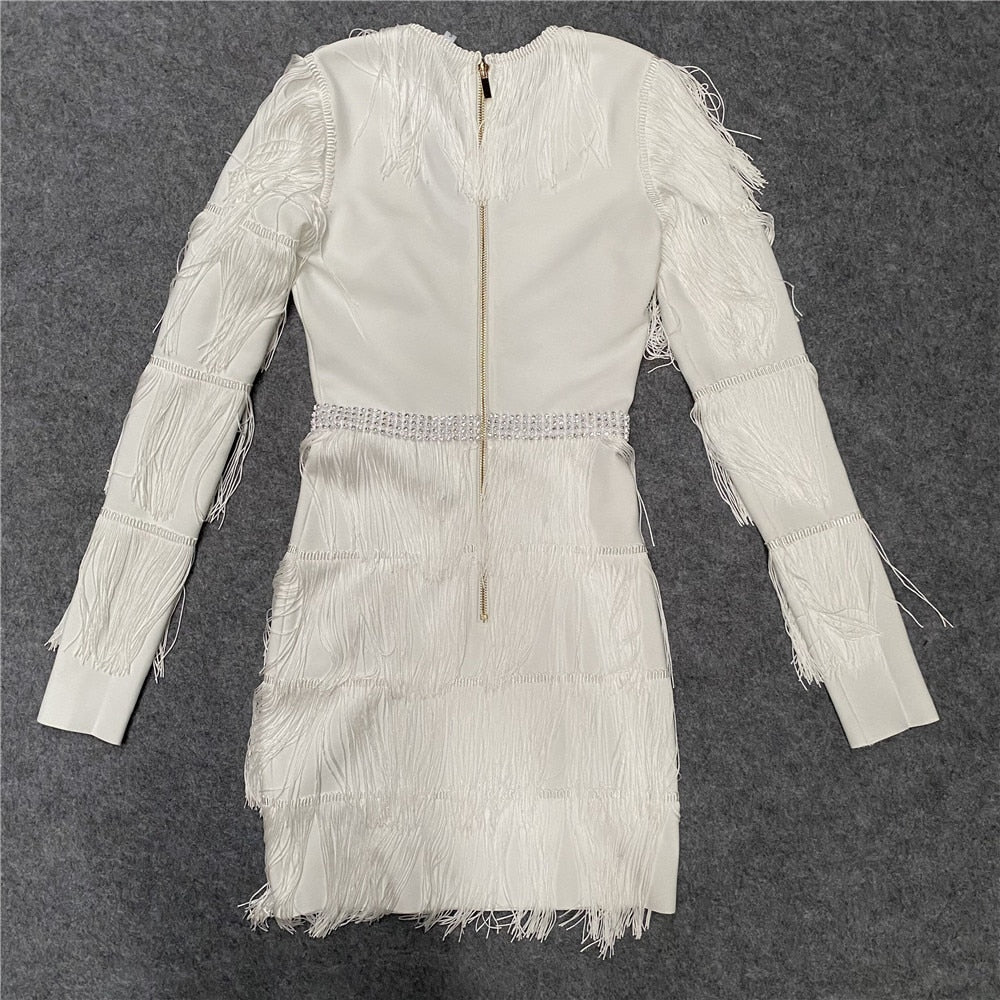 Black White Tassel Long Sleeve V-Neck Sexy Dress