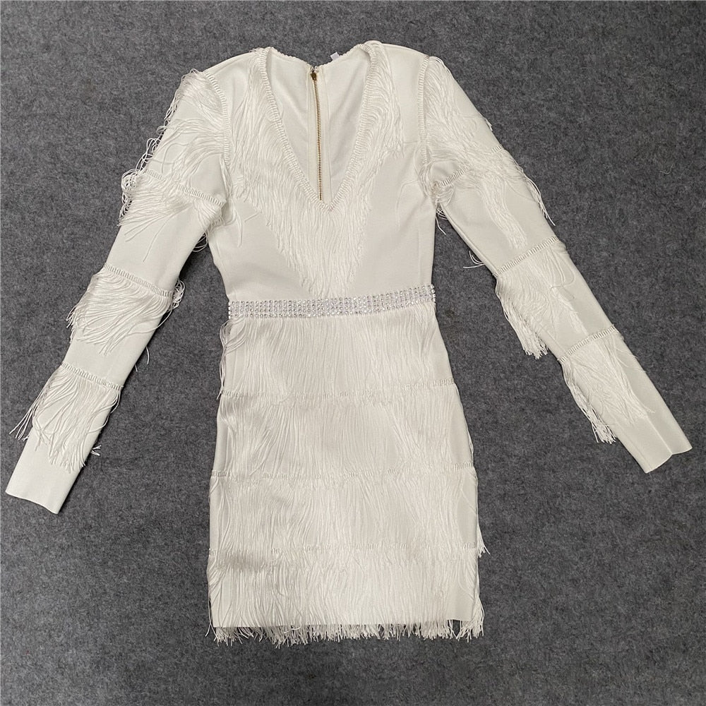 Black White Tassel Long Sleeve V-Neck Sexy Dress