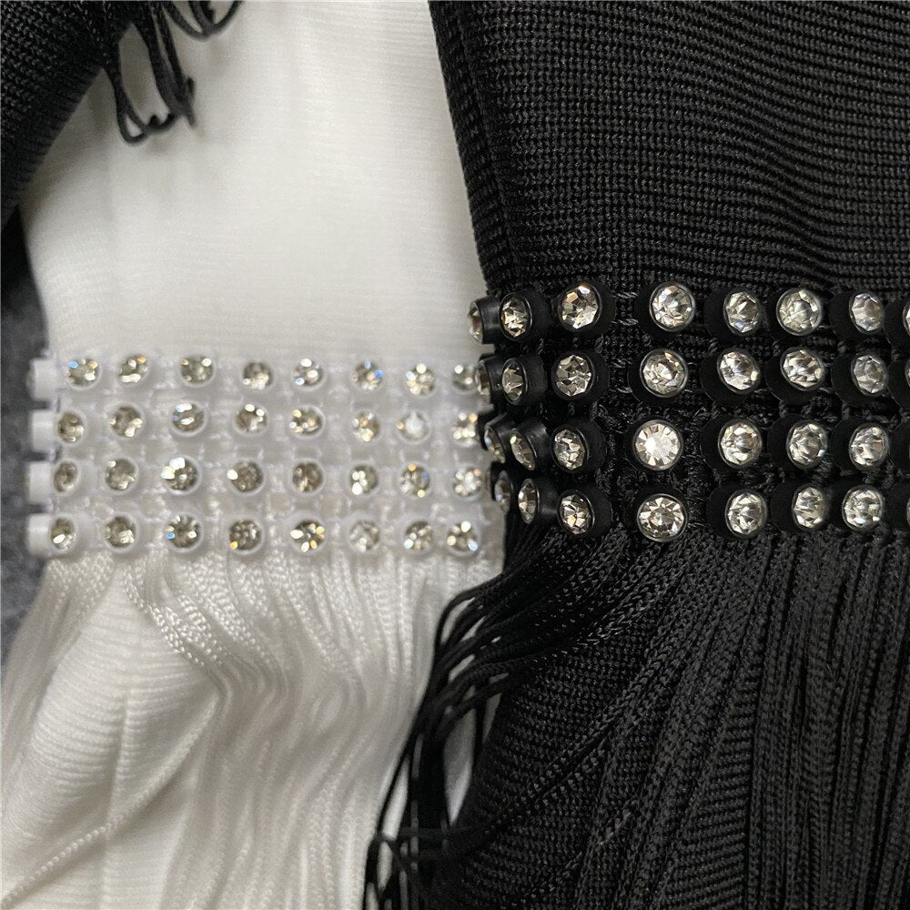 Black White Tassel Long Sleeve V-Neck Sexy Dress