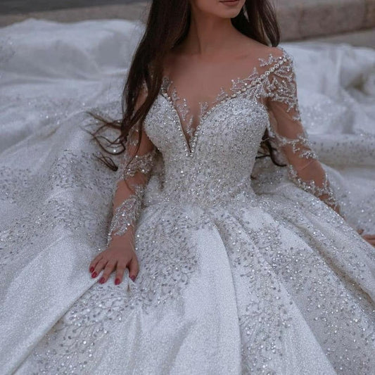 V Neck Lace Long Sleeve Bridal Gowns