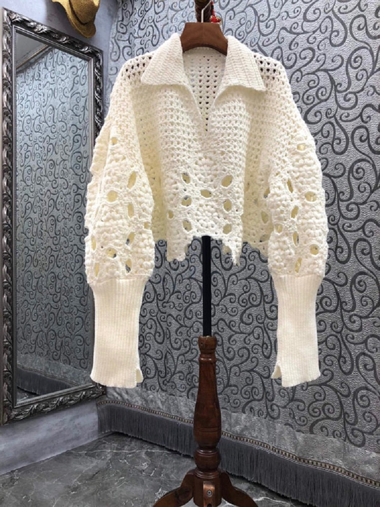 Pullovers High Quality Women Turn-down Collar Crochet Knitting