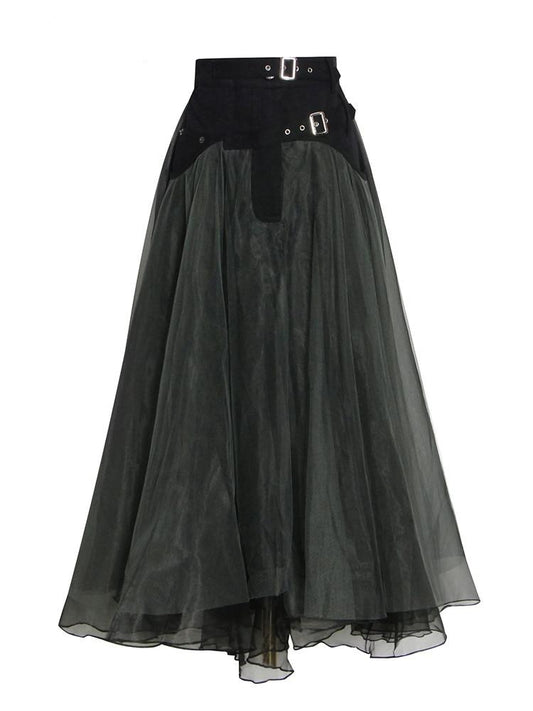 Patchwork Mesh Long Skirts For Female High Waist
