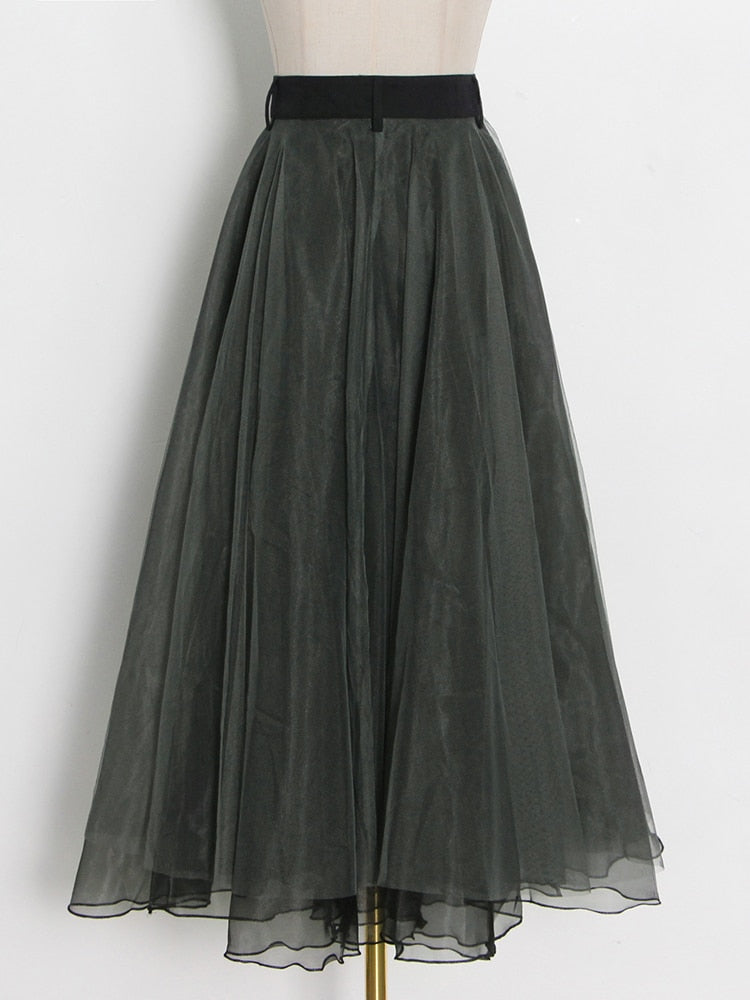 Patchwork Mesh Long Skirts For Female High Waist