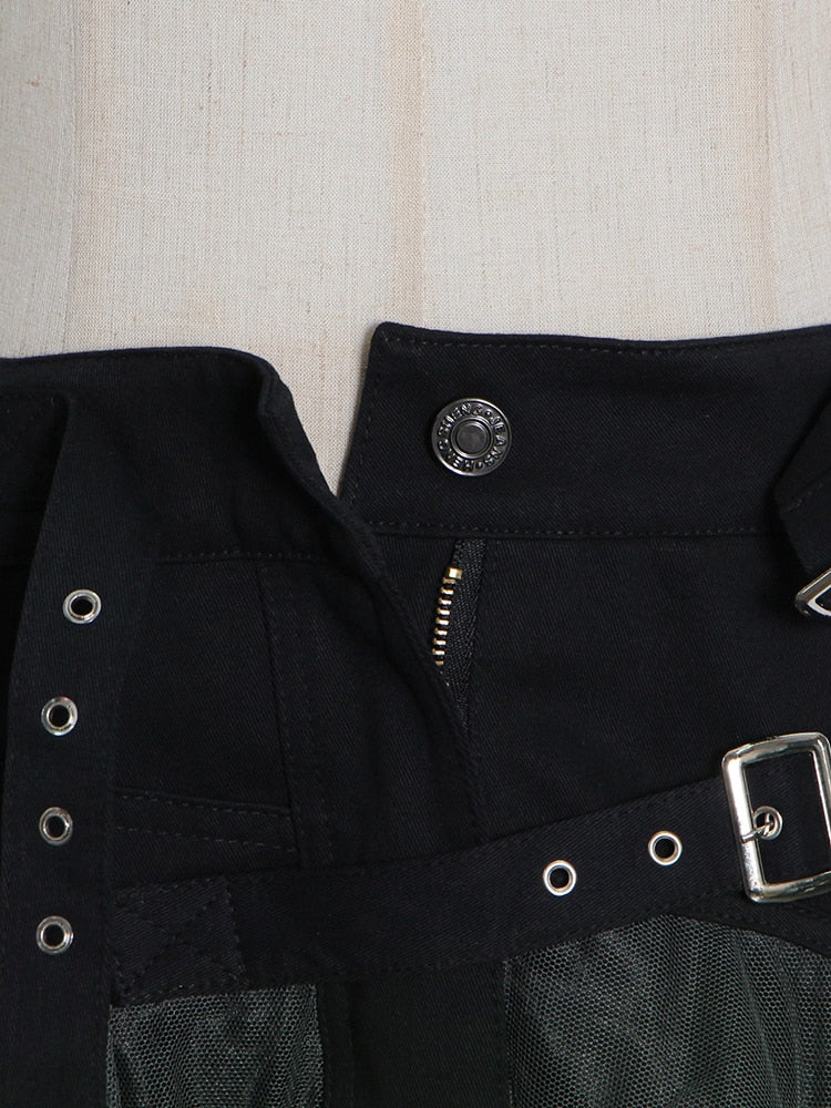 Patchwork Mesh Long Skirts For Female High Waist