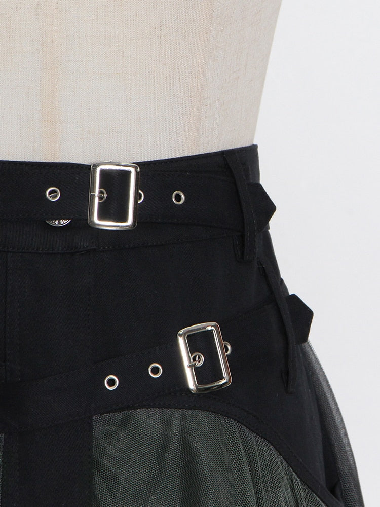Patchwork Mesh Long Skirts For Female High Waist