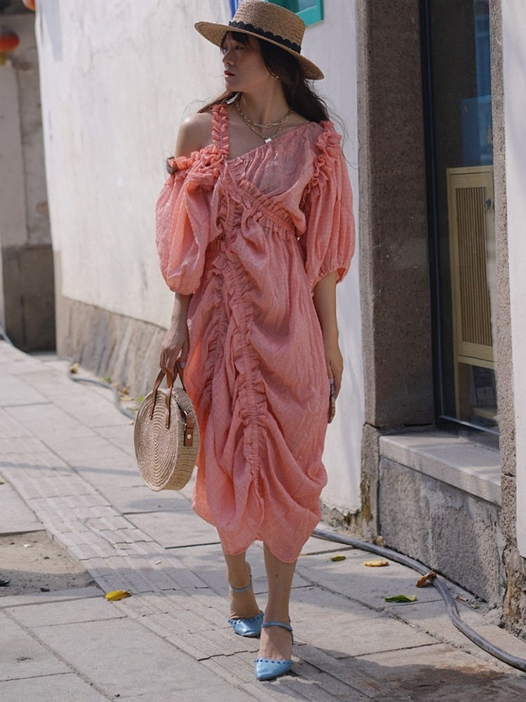 Irregular Fold Pleated Dress For Women Asymmetrical Collar