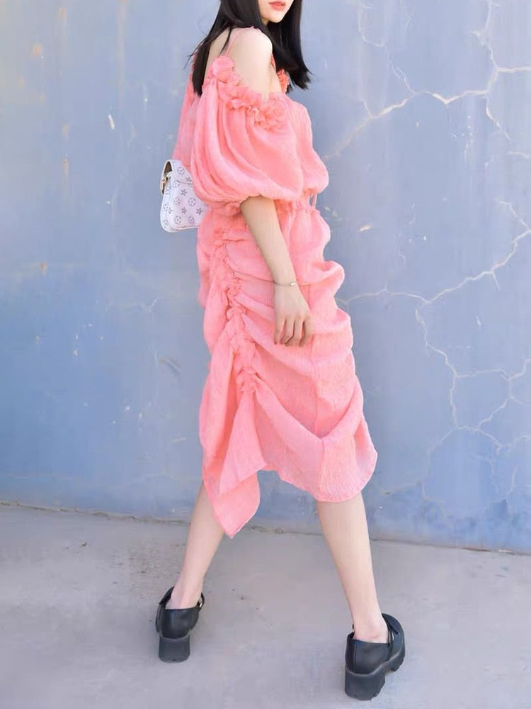 Irregular Fold Pleated Dress For Women Asymmetrical Collar