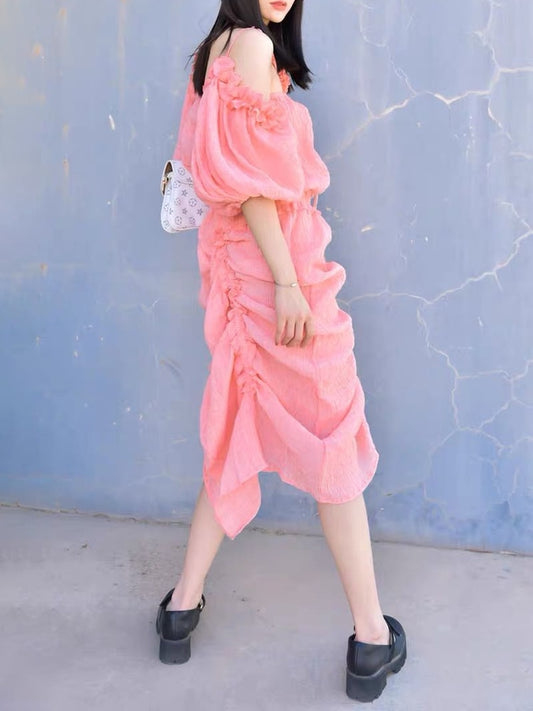 Irregular Fold Pleated Dress For Women Asymmetrical Collar