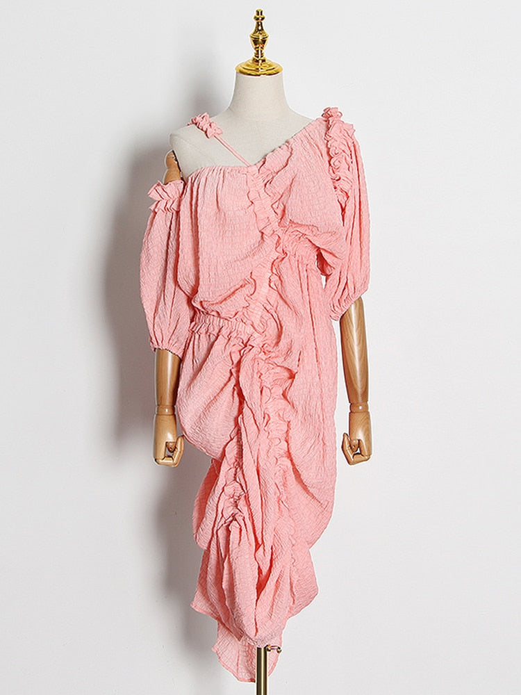 Irregular Fold Pleated Dress For Women Asymmetrical Collar