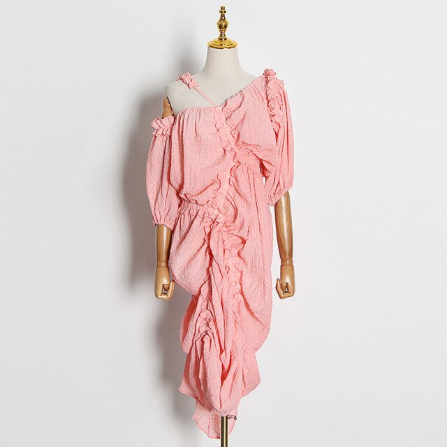 Irregular Fold Pleated Dress For Women Asymmetrical Collar