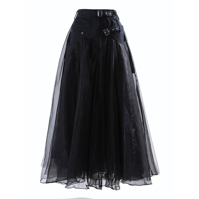 Patchwork Mesh Long Skirts For Female High Waist