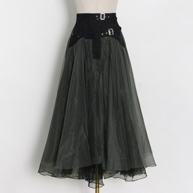 Patchwork Mesh Long Skirts For Female High Waist