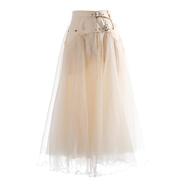 Patchwork Mesh Long Skirts For Female High Waist