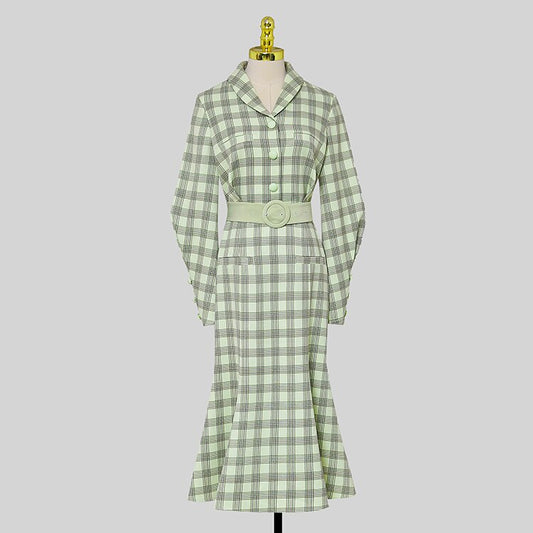 Runway Fashin Plaid Slim Waist Midi Long Party Dresses