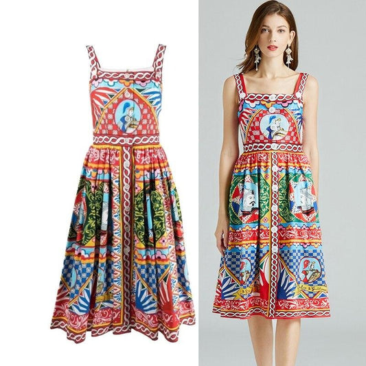 Floral Print High Waist A Line Dress Strap Button Decor