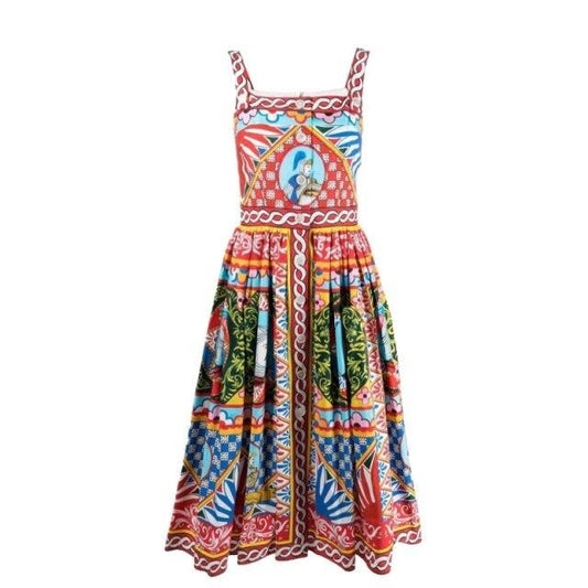 Floral Print High Waist A Line Dress Strap Button Decor