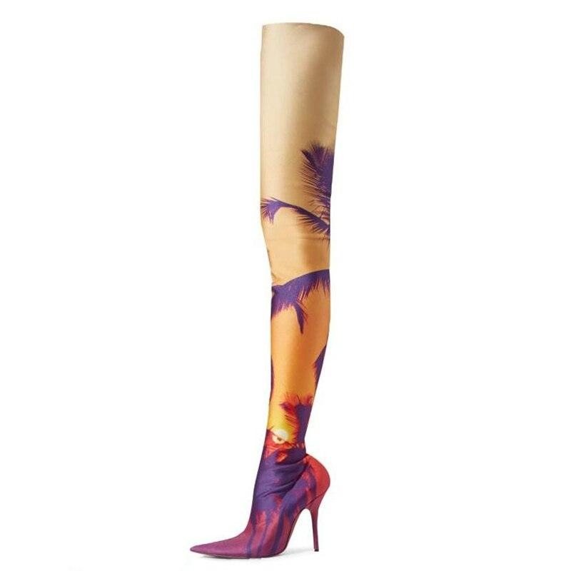 Pattern Stiletto Over-the-knee Boots with Pointed Apricot Tree Print
