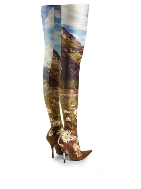 Pattern Stiletto Over-the-knee Boots with Pointed Apricot Tree Print