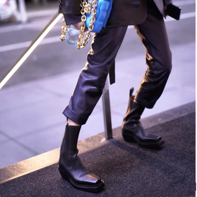 Women Square Toe Chunky Heel Chelsea Boots Real Leather