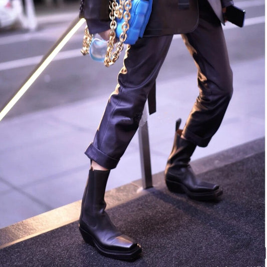 Women Square Toe Chunky Heel Chelsea Boots Real Leather