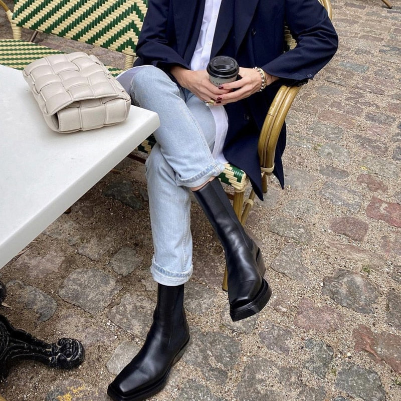 Women Square Toe Chunky Heel Chelsea Boots Real Leather