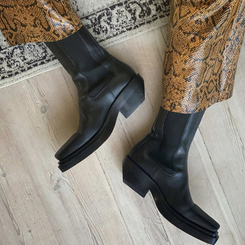 Women Square Toe Chunky Heel Chelsea Boots Real Leather
