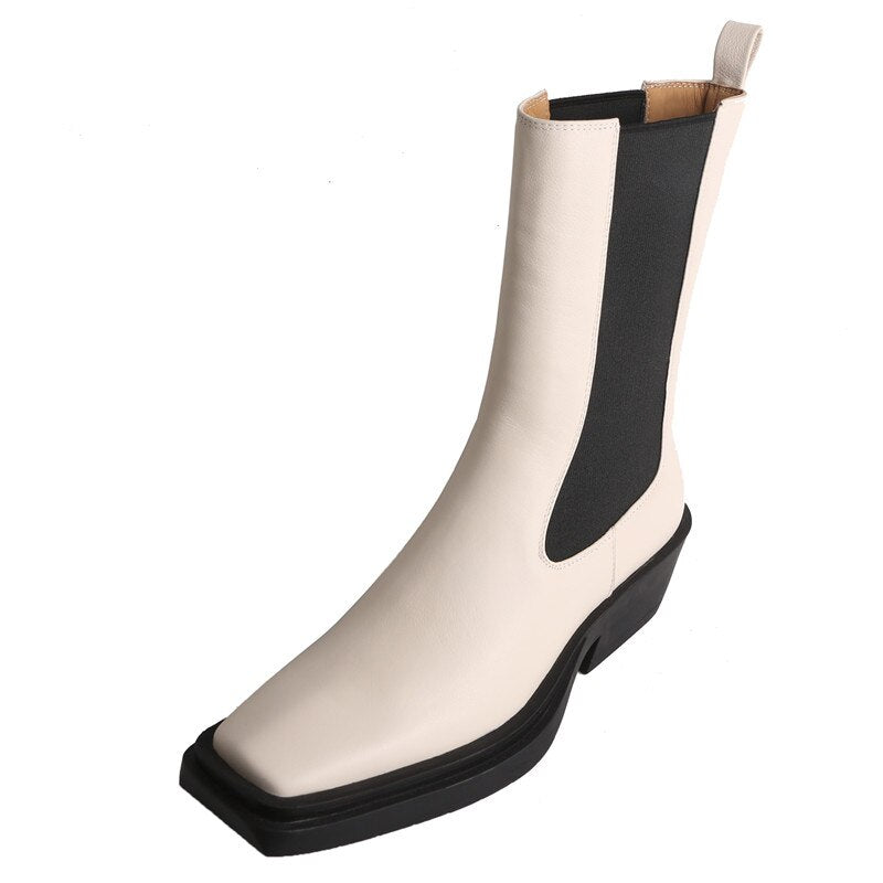 Women Square Toe Chunky Heel Chelsea Boots Real Leather