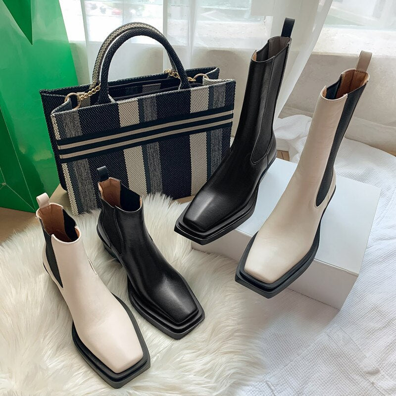 Women Square Toe Chunky Heel Chelsea Boots Real Leather