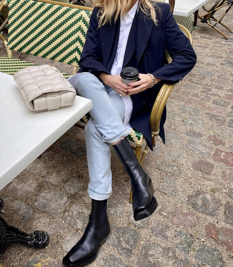 Women Square Toe Chunky Heel Chelsea Boots Real Leather