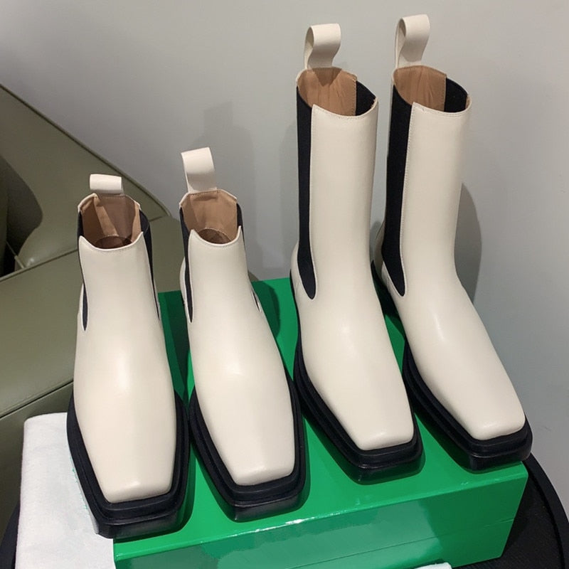 Women Square Toe Chunky Heel Chelsea Boots Real Leather