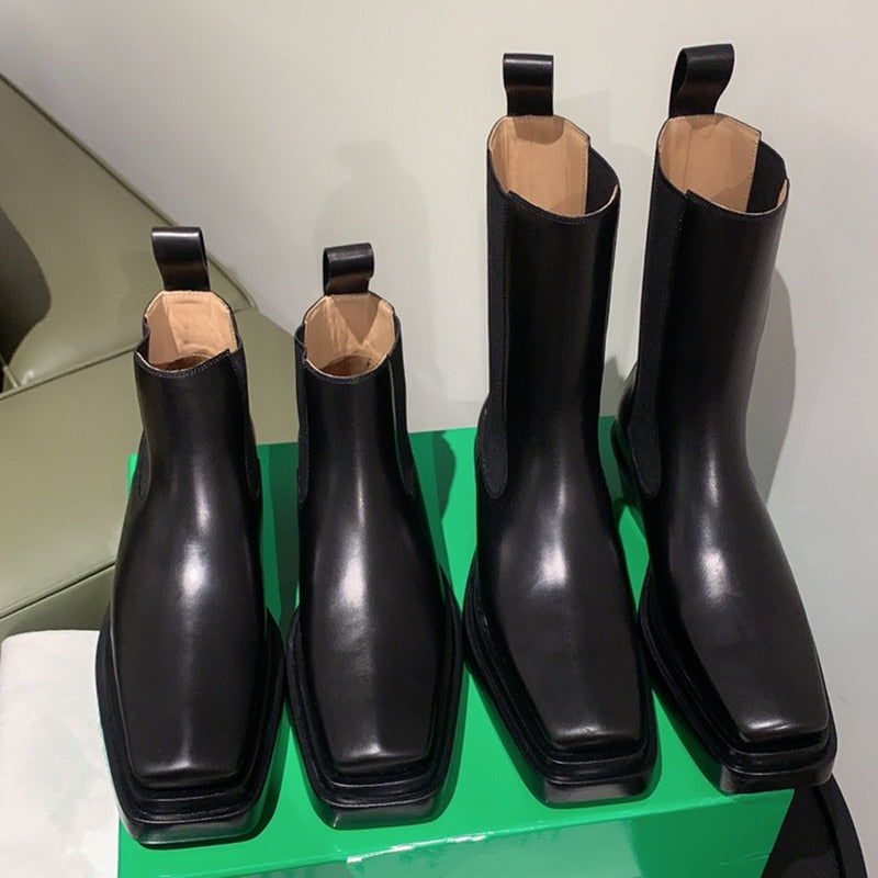 Women Square Toe Chunky Heel Chelsea Boots Real Leather