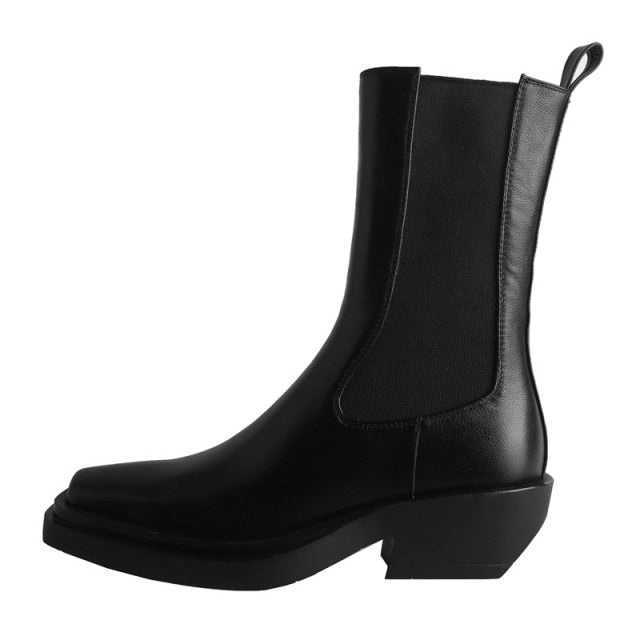 Women Square Toe Chunky Heel Chelsea Boots Real Leather