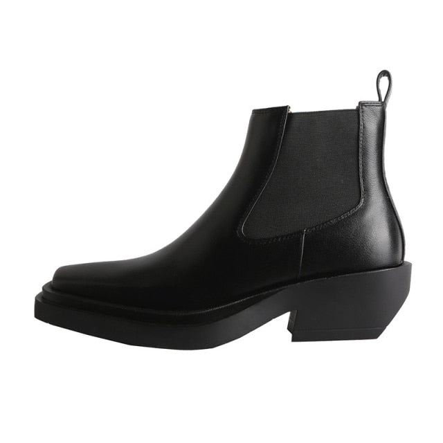 Women Square Toe Chunky Heel Chelsea Boots Real Leather