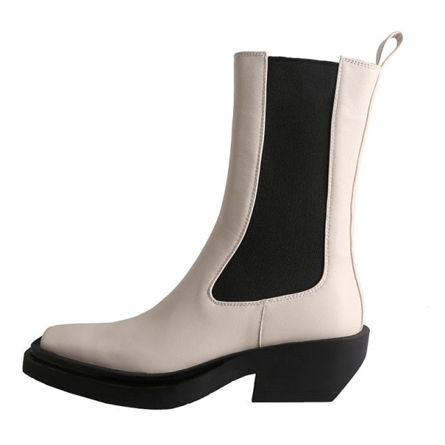 Women Square Toe Chunky Heel Chelsea Boots Real Leather