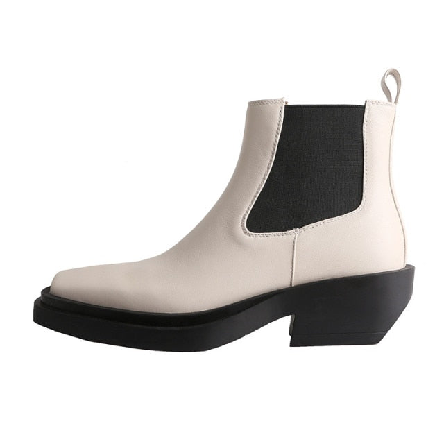 Women Square Toe Chunky Heel Chelsea Boots Real Leather