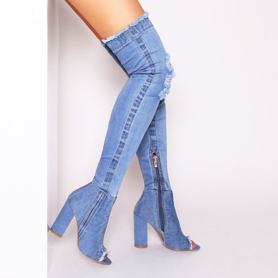 Fashion Woman Chunky High Heels Blue Denim Cloth Boots