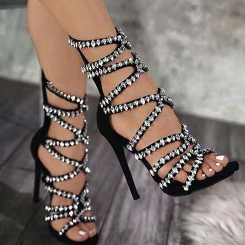 Sexy Bling Rhinestones Drilled Straps Sandals Stiletto high Heel