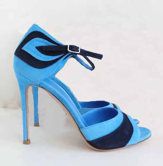 Ladies Blue Suede Leafs Patchwork Cover Heels Sandal