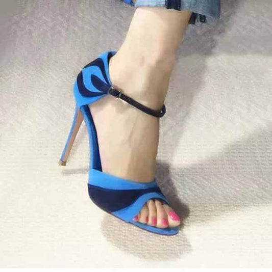 Ladies Blue Suede Leafs Patchwork Cover Heels Sandal