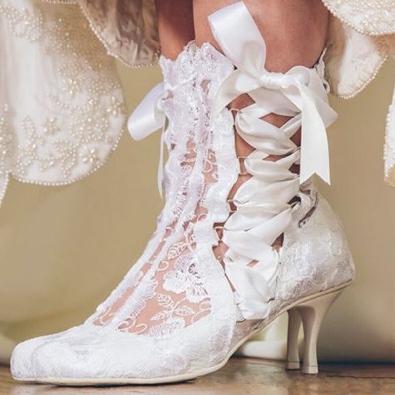 Romantic Floral Lace Ribbons Bandage Ankle Boots Women