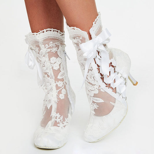 Romantic Floral Lace Ribbons Bandage Ankle Boots Women