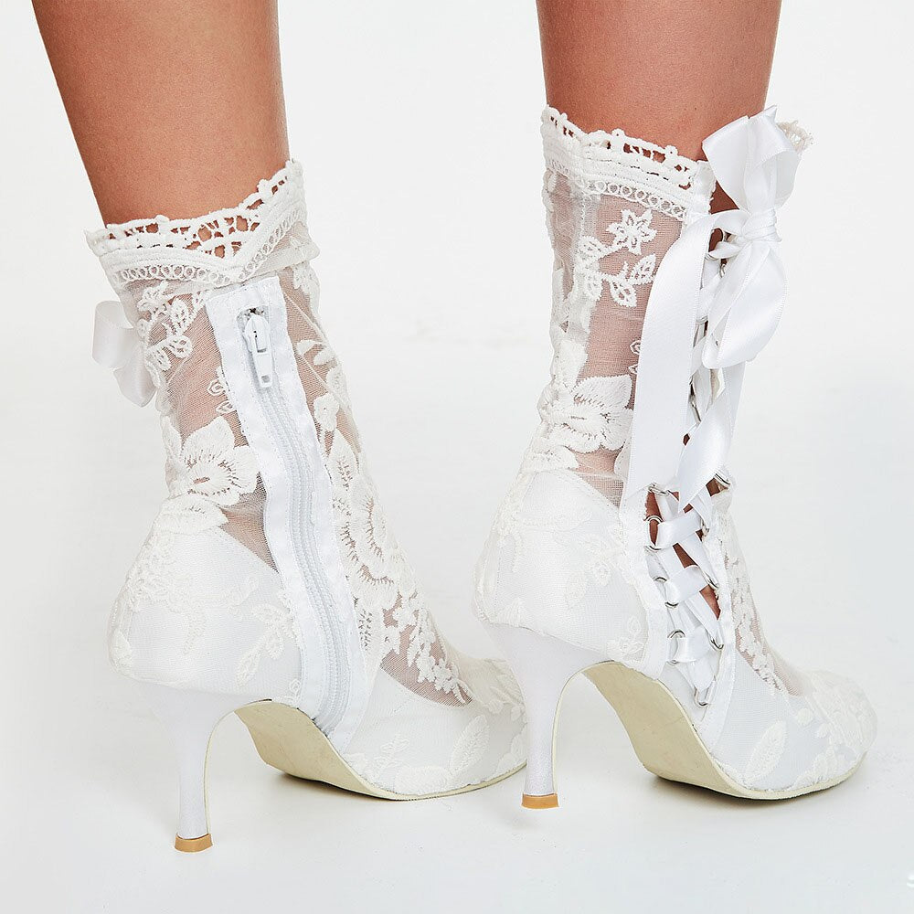 Romantic Floral Lace Ribbons Bandage Ankle Boots Women
