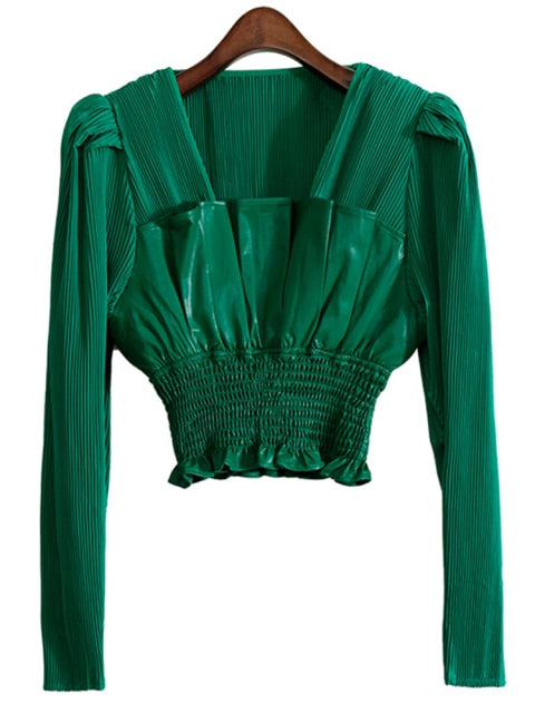 ホワイト エレガント フォールド プリーツ スリム シャツ スクエアカラー ブラウス 2022 春