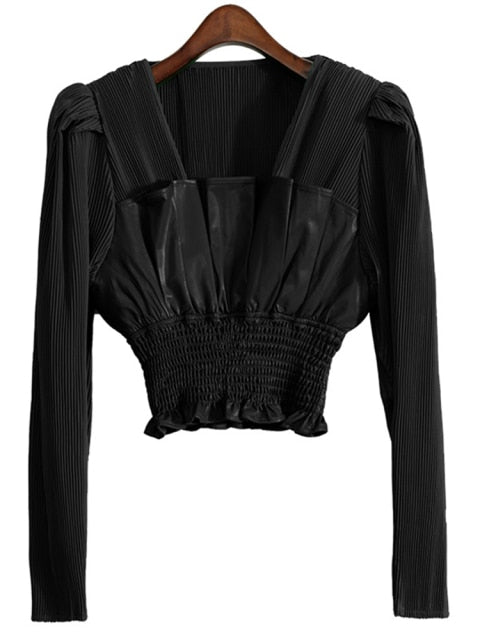 ホワイト エレガント フォールド プリーツ スリム シャツ スクエアカラー ブラウス 2022 春