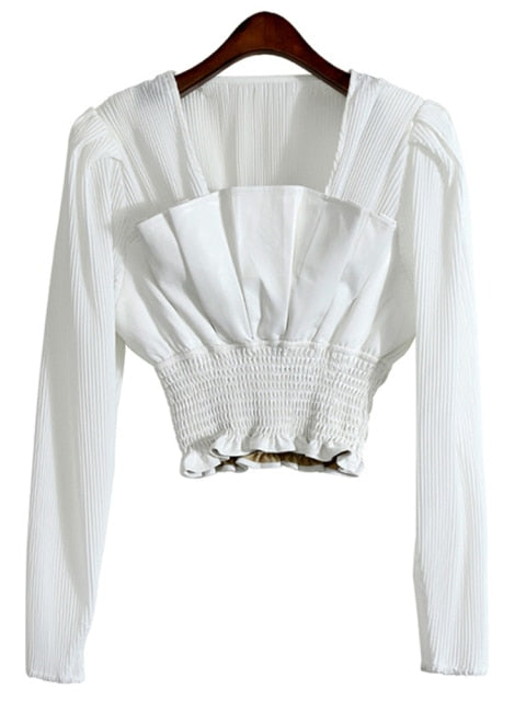 White Elegant Fold Pleated Slim Shirts Square Collar  Blouses 2022 Spring