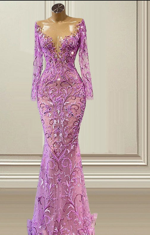 Illusion Lace Purple Mermaid Arabic Evening Dresses
