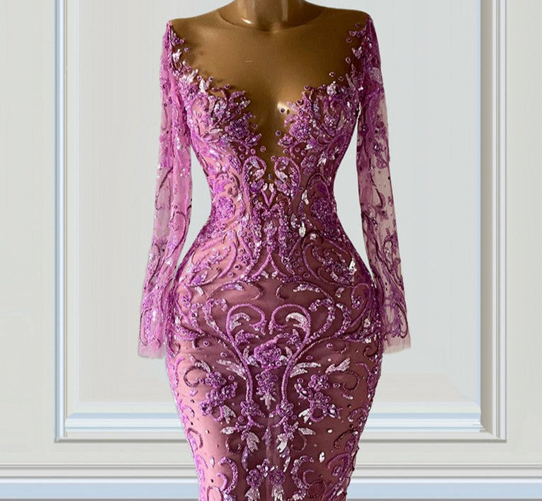 Illusion Lace Purple Mermaid Arabic Evening Dresses