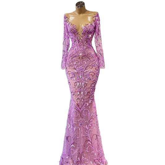 Illusion Lace Purple Mermaid Arabic Evening Dresses