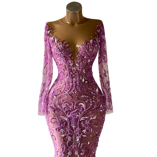 Illusion Lace Purple Mermaid Arabic Evening Dresses