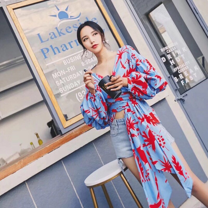 Bow Lace up Printed Shirt Tops Female V Neck Lantern Sleeve Blouse